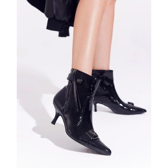 ⚡Women's Cool Black Kitten Heel Ankle Boot Pointed Toe Buckle Side Zipper Tassel - Picture 2 of 5